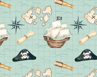 Fabric cotton, TREASURE MAP, Aqua, 56240101, 01, Quilt Fabrics, 100% cotton, quilt cotton - Pirates Ahoy of Camelot Fabrics