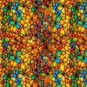 Peut inclure: Motif floral abstrait vibrant, composé d'une mosaïque de fleurs colorées. Le design présente une riche palette de couleurs chaudes, dont le jaune, l'orange et le rouge, contrastant avec des touches de bleu et de vert. Les détails créent un effet vitrail.