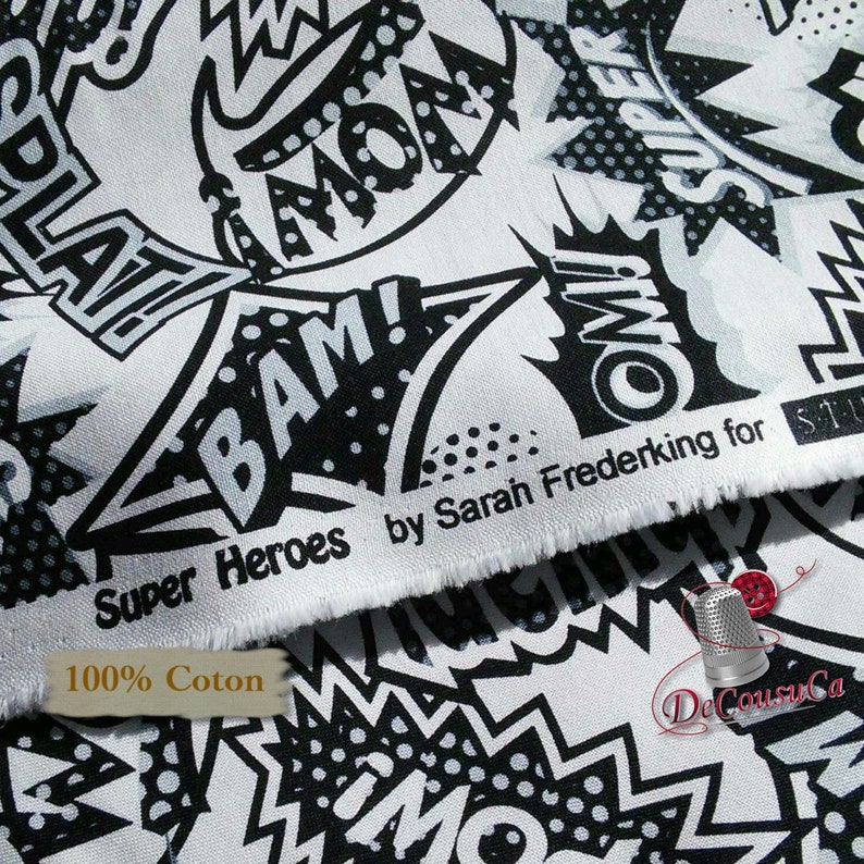 multiple quantity cut in one piece 100/% Cotton 3875 Super H\u00e9roes Wow Studio E White Black