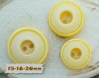 3 Buttons, 15mm, 18mm, 20mm, 2 Holes, YELLOW, Casein, Lucite, Vintage, 1970s, Basic Button, Solid Button, NB01