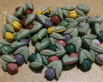 15mm, 100 Buttons TULIP GRAY-GREEN , leaf gray-green, plastic, vintage, BF11-2