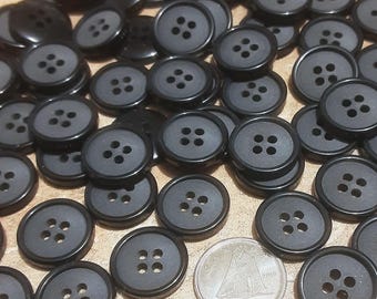 12 Buttons, 15mm, CHARCOAL, BLACK, 4 holes, caséine