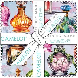 May include: A square stack of fabric featuring a colourful print of various vintage perfume bottles in shades of pink, gold, and green. A white ribbon printed with the text CAMELOT and FRESHLY MADE, along with laundry care icons, wraps the stack.
