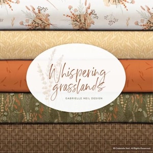 May include: A collection of fabric samples in a stack, showcasing diverse patterns and hues. The top fabric has a white base with floral designs. The middle layers display yellow, orange, and green tones. The text "Whispering grasslands" is on an oval.