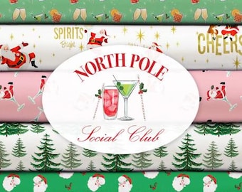 Pack of 8, CHRISTMAS, 100% cotton, quality quilting, cotton designer - North Pole Social Club of Camelot Fabrics