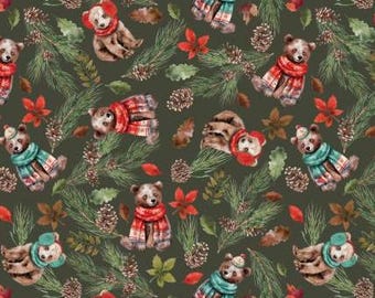 Fabric cotton, COZY CUBS, dark green, 21240402, 02, Quilt Fabrics, 100% cotton - Merry Beary of Camelot Fabrics