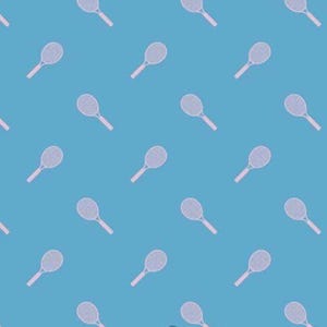 May include: A repeating pattern of light purple tennis rackets on a blue background. The rackets are evenly spaced and oriented in various directions, creating a dynamic and playful design. The rackets have a classic shape.