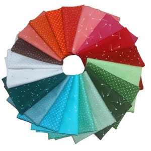 May include: A collection of 20 fabric squares with a white pin design on a variety of colored backgrounds, including red, green, blue, and brown.