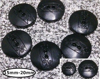 6 buttons, 15mm, 20mm, BLACK,  (no 24-32), button 2 holes,