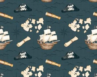 Fabric cotton, TREASURE MAP, Teal, 56240101, 03, Quilt Fabrics, 100% cotton, quilt cotton - Pirates Ahoy of Camelot Fabrics