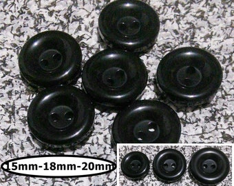 100 Buttons, 15mm, 18mm and 20mm, BLACK, glossed, 2 holes, vintage button