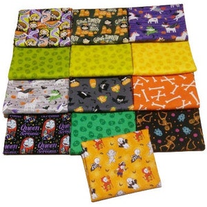 May include: A set of 12 Halloween-themed fabric squares featuring various designs, including pumpkins, ghosts, skeletons, and bats. The fabrics are in a variety of colors, including orange, black, green, and purple.
