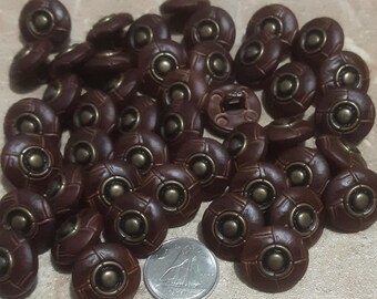 12 Buttons, leather brown and bronze, 15mm, rod metal button, sport button, vintage, BM149
