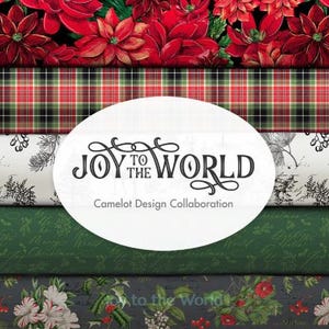 Peut inclure: Cinq rouleaux de tissu empilés présentant des motifs de fête, notamment des poinsettias rouges, un tartan rouge et vert, un fond blanc avec des croquis de pins noirs, un imprimé script vert foncé et un motif floral gris foncé avec le texte Joy to the World.