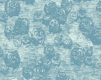 QUILT FABRIC OWL, aqua blue 100% coton - Wonderland, Art Gallery