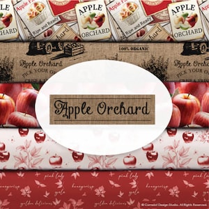 May include: A set of five fabric panels featuring a vintage apple orchard theme. The panels feature red apples, leaves, and text that reads "Apple Orchard", "Pick Your Own", "Crisp & Fresh", "100% Organic", and "Ripe and Ready".