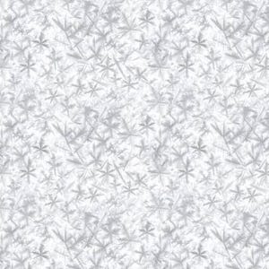 May include: A seamless pattern of white and gray crystalline shapes, resembling snowflakes or frost. The design features a repeating arrangement of star-like and angular forms, creating a textured, wintery aesthetic. The overall effect is a cool, monochromatic backdrop.