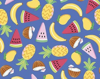 RILEY BLAKE, Fruit, banana, ananas, BLUE, 10891, Rainbow Fruit, fabric, cotton, quilt cotton