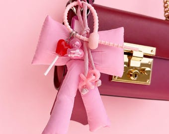 Coquette Pink Bow Bag Charm | Handmade Purse Charm | Kawaii Keychain | Bow Bag Accessory | Girly Gift for Her | Cute Purse Decoration
