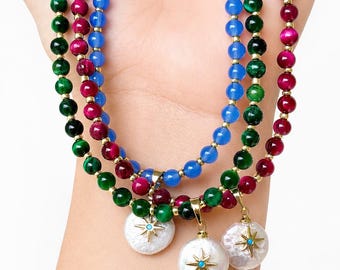 Colar gargantilha colorido com miçangas e pingente de pérola | Colar para usar em camadas | Joias para o litoral | Colar de verão
