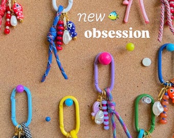 Colorful Handmade Bag Charm & Keychain – Glass Beads, Ceramic Fish, Pearl-like and Paracord Accents. Handmade and Customizable