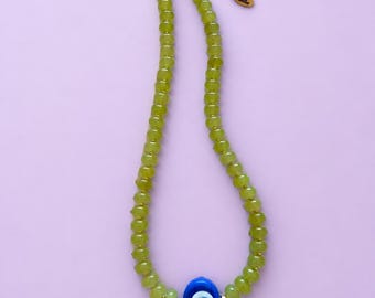 Colar de jade limão verde natural, colar de olho grego de cerâmica, colar de contas verde limão, joias com pedras preciosas coloridas, gargantilha moderna