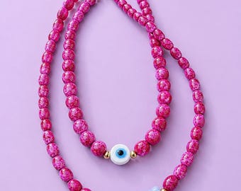 Colar de verão artesanal com miçangas rosa | Colar de peixe | Colar olho grego | Joia de proteção