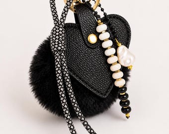 Black and White Beaded Bag Charm & Keychain | Tote Accessory | Handmade