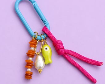 Colorful Handmade Bag Charm & Keychain – Glass Beads, Ceramic Fish, Pearl-like and Paracord Accents. Handmade and Customizable