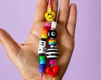 Rainbow Smiley Bag Charm | Colorful Beaded Keychain | Handmade Purse Charm | Cute Kawaii Backpack Charm | Y2K Maximalist Gift