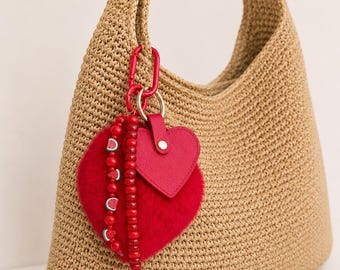 Colorful Red Beaded Bag Charm and Keychain | Purse Charm | Tote Bag Accessory | Cute Keychain | Handmade Gift for Her