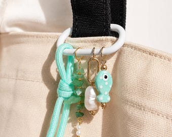 Colorful Handmade Bag Charm & Keychain – Glass Beads, Ceramic Fish, Pearl-like and Paracord Accents. Handmade and Customizable