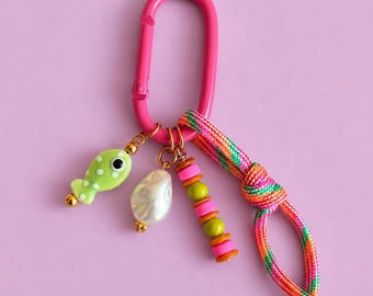 Colorful Handmade Bag Charm & Keychain | Fish Bag Charm | Pink Carabiner Keychain | Beaded Purse Charm | Kawaii Backpack Acces | Tote Charm