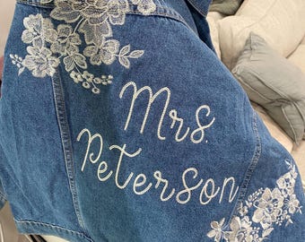 Embroidered Jean Jacket, Wedding Jean Jacket, Wedding Denim Jacket, Embroidered Name Jacket, Personalized Jean Jacket, Custom Jean Jacket