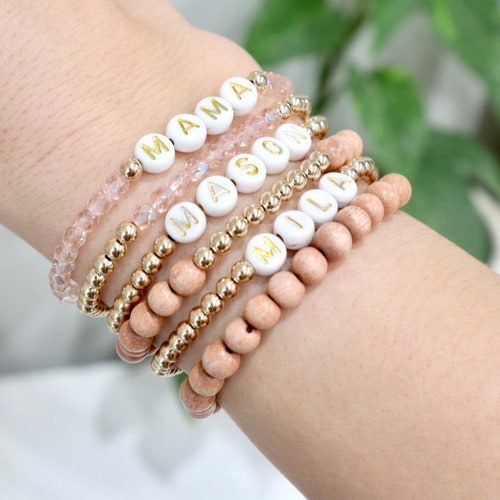 Gold Bracelet With White Letter Beads Etsy
