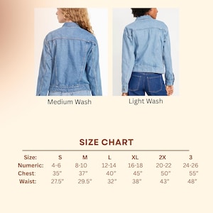 May include: Image of adult denim jackets in medium and light washes. The image includes a size chart with measurements for chest and waist in inches, ranging from size small to 3.