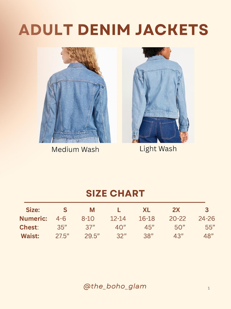 May include: Image of adult denim jackets in medium and light washes. The image includes a size chart with measurements for chest and waist in inches, ranging from size small to 3.