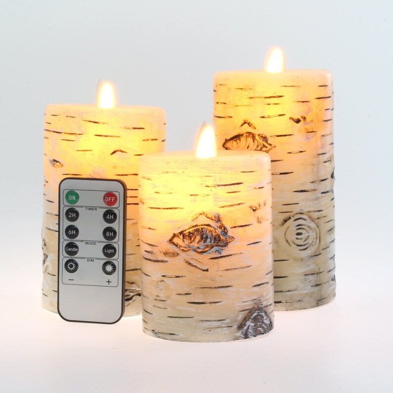 Set of 3 Birch Bark Flameless Candles D 3 x H 4 Etsy