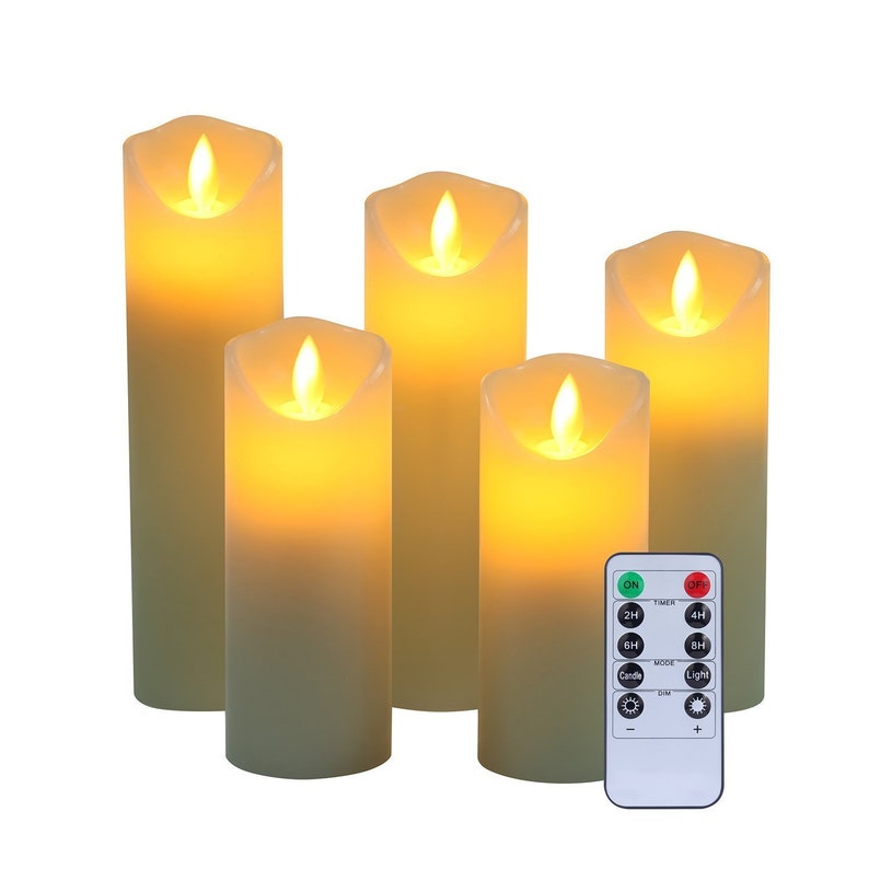 Ivory Wax Moving Wick Flameless Candle Fireless Pillar Timer Remote Set of 3 LED