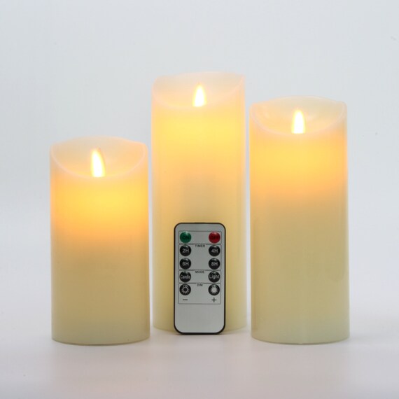 set 3 Flickering LED Candles Moving Flameless Wick Pillar Remote Home