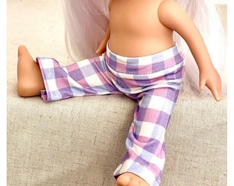 Doll Clothes - 12” Mia - Flare Pants Only - Spring - Plum, Blue Plaid - Soft White Premium Jersey Knit