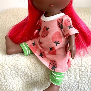 Doll Clothes - 12” Mia - Short Sleeved Dress Only - Strawberry Print on Medium Pink Premium Jersey Knit