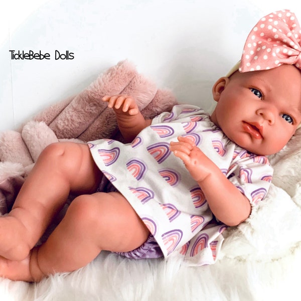 Clothes - 15.7” Doll - Tunic Top Only - Lavender Purple, Pink  Rainbow Print - Pale Lavender Soft Premium Jersey Knit - TickleBebe Dolls
