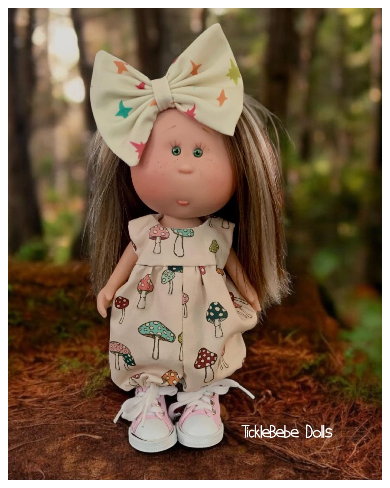 Doll Clothes - 9" Mini Mia - Long Romper Only - Multicolor Mushroom Print - Light Tan Premium Woven Cotton.