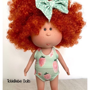 Doll Clothes - 12” Mia - Swimsuit Only -  Soft Pink and White Strawberries - Pale Green Premium Jersey Knit - TickleBebe Dolls