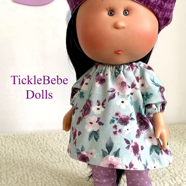 Doll Clothes - 12” Mia - Boho - Tunic Top Only - Plum Purple Floral Print - Pale Mint Green Premium Jersey Knit - TickleBebe Dolls