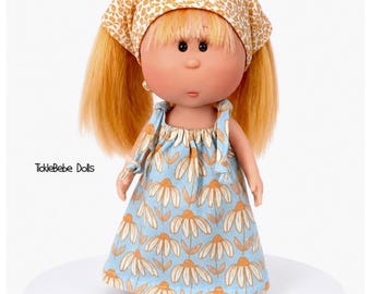 Doll Clothes - 9” Mini Mia - Hippie - Long Tie Maxi Dress / Granny Dress / Daisy Cone Flowers - Soft Blue Premium Jersey Knit