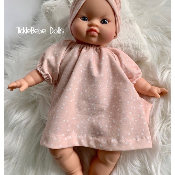 Doll Clothes - 11” Soft Body - Dress Only - Pale Blush - Tiny White Dots - TickleBebe Dolls