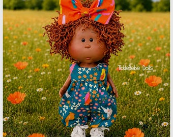 Doll Clothes - 9” Mini Mia - Romper Only - Summer - Birds and Daisies in Orange, Yellow on Teal Premium Cotton.