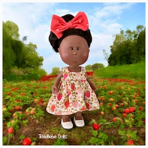 Doll Clothes - 9” Mini Mia - Summer - Fancy Dress Only - Pink and Red Strawberries - Fully Lined - 100% Soft White Premium Lawn Cotton